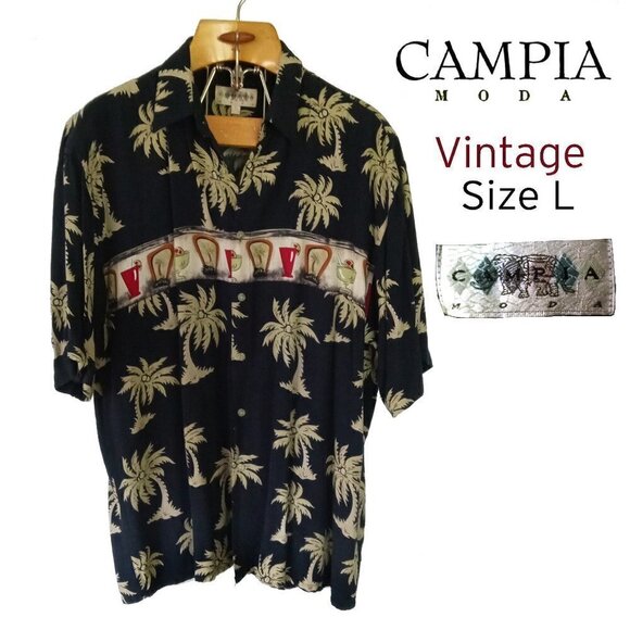 CAMPIA MODA Vintage VTG Hawaiian Shirt Cocktails + Palm Trees Sz L - Picture 1 of 11